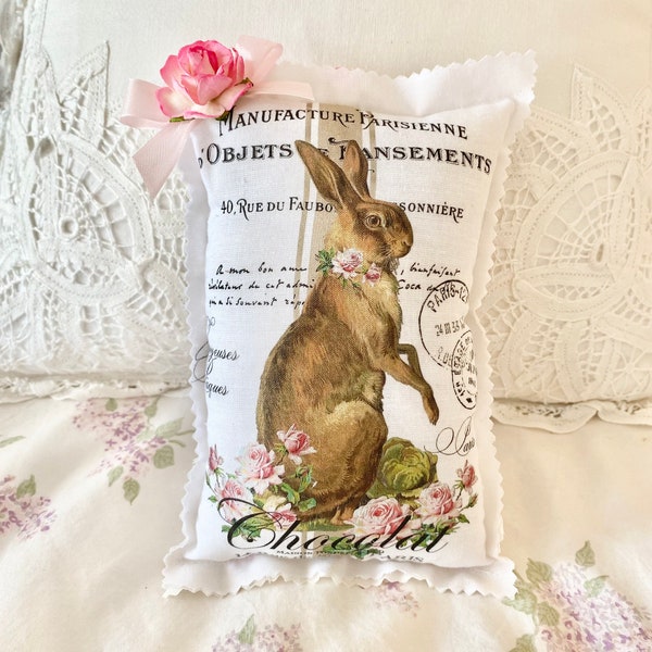 Easter Lavender Sachet, Sweet Brown Easter Rabbit Pillow, Pink Roses, Shabby Chic Cottage Decor, Easter Gift, French Easter Pillow