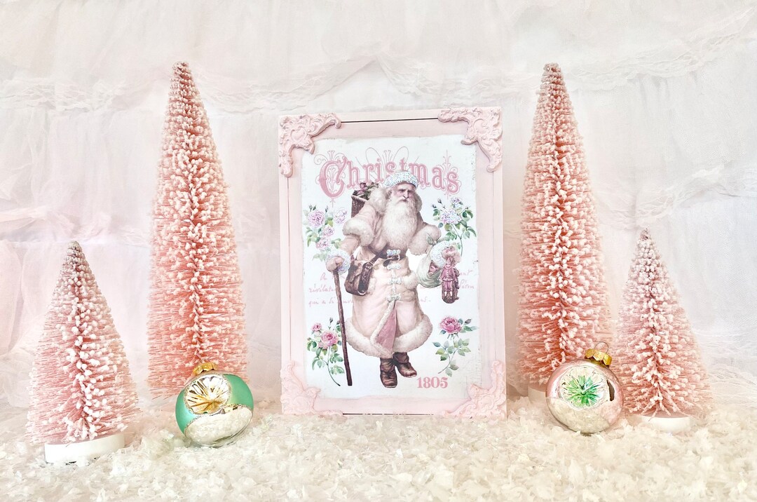 Pink Christmas Wall Decor, Vintage Pink Santa Art, Christmas 1805