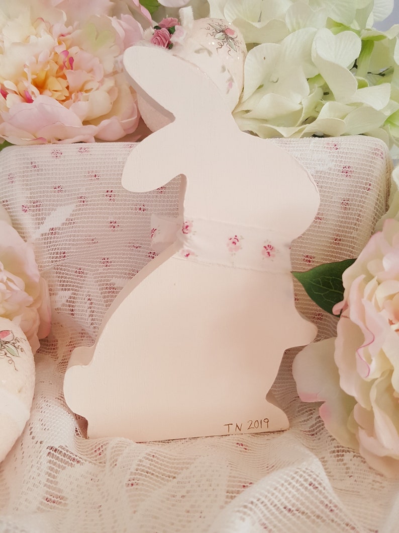 Vintage Shabby Chic Hand Painted Pink Wood Bunny Sweet Pink Easter Bunny With Hand Painted Roses March Hare Vintage Easter Rabbit Pink Roses