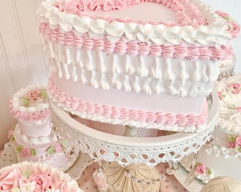 Faux Pink Heart Cake With White Ruffles, Photo Prop, Valentine Kitchen Decor
