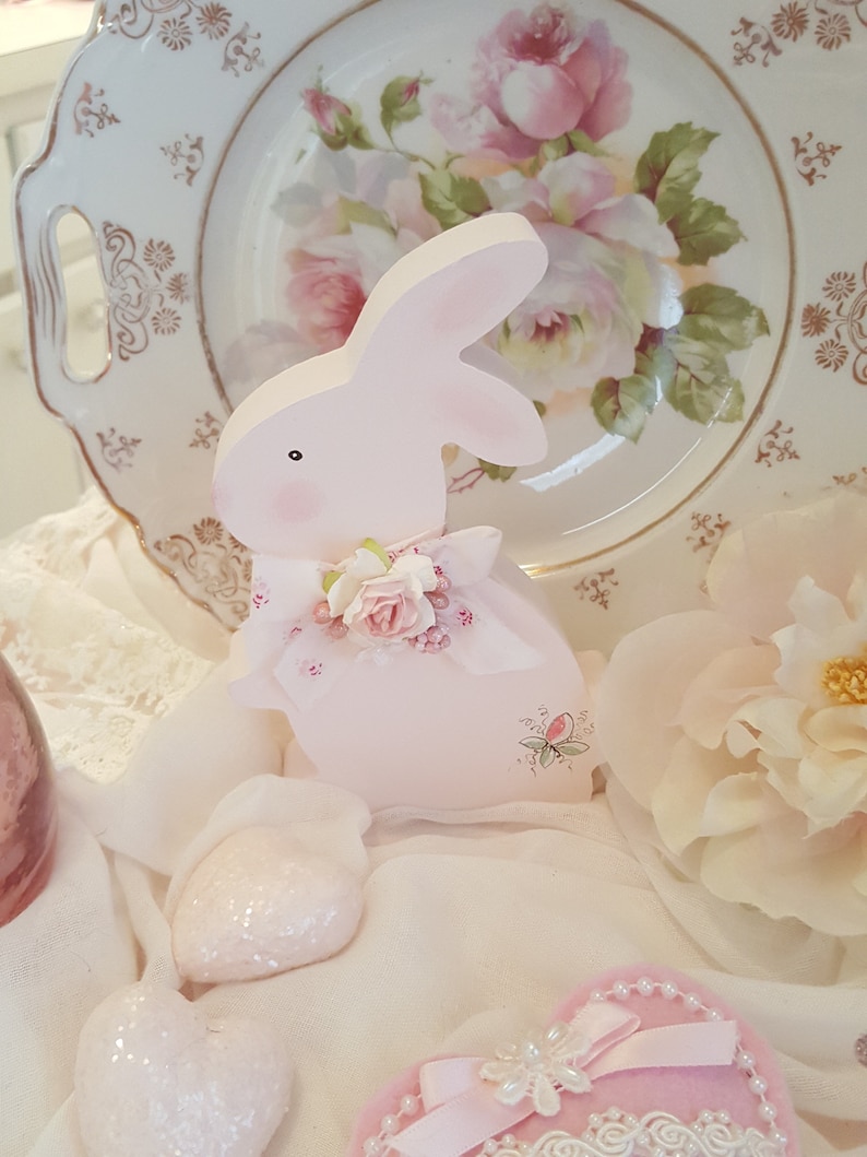 Vintage Shabby Chic Hand Painted Pink Wood Bunny Sweet Pink Easter Bunny With Hand Painted Roses March Hare Vintage Easter Rabbit Pink Roses