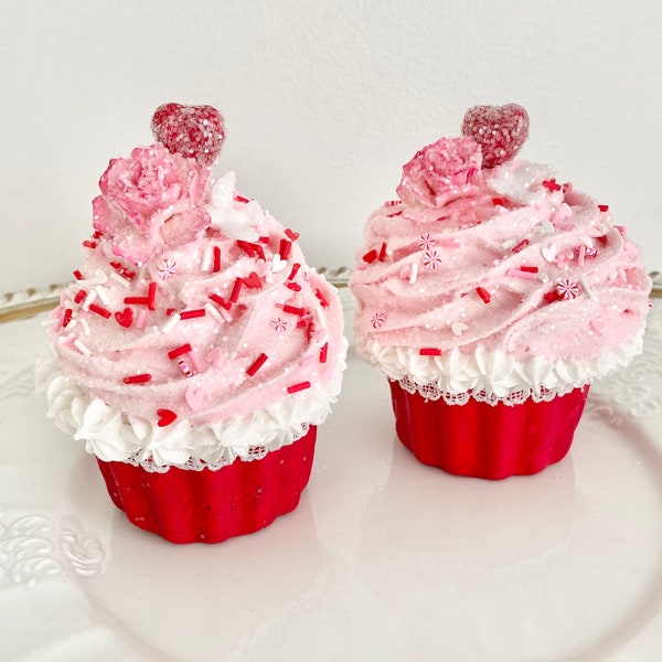 Pink And Red Valentine Cupcakes, Faux Cupcakes, Valentine Gift, Birthday Cupcake, Marie Antoinette Sweets Display, Fake Cake, Set Of Two