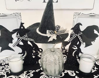Black Glitter Witch Silhouette Candle Holders