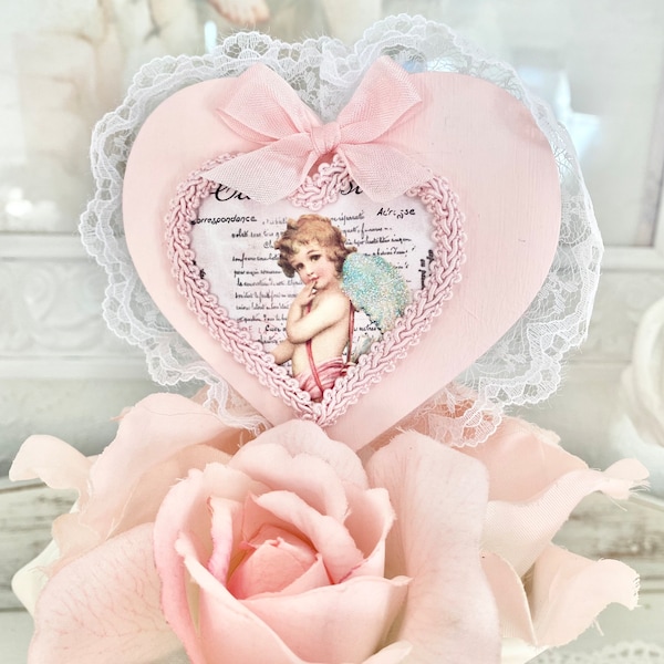 Vintage Cherub Heart Floral Picks, Vintage Cupid Decor, Shabby Chic Valentine Picks, Romantic Valentine Cottage Decor, Set Of Two