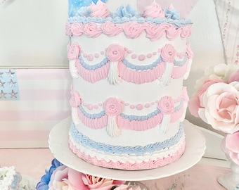 Pink White And Blue Patriotic Faux Cake, Pink Kitchen Decor, Lambeth Cake, Photo Prop