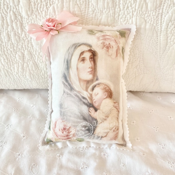 Vintage Shabby Chic Pink Lavender Sachet Mother And Child Mother Mary And Jesus Pillow Shabby Chic Pink Cottage Decor