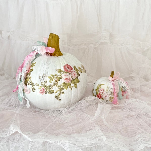 Shabby Chic Decoupage Pumpkins, Hand Painted White Pumpkins, Vintage Wallpaper Découpage, Cottagecore Pumpkin, Romantic Fall Decor, Pink Ros