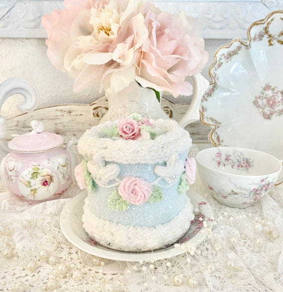 Shabby Chic Sweet Pastel Blue and White Petite Cake One Tier Faux