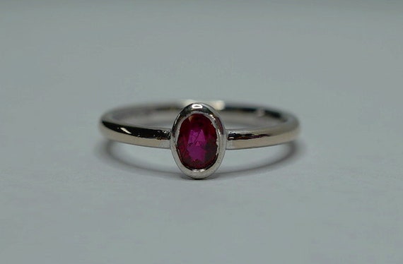 Bezel Set Ruby RIng, Oval Solitaire Ring white go… - image 3