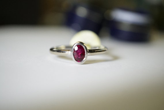 Bezel Set Ruby RIng, Oval Solitaire Ring white go… - image 1