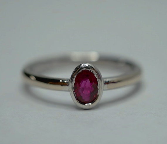 Bezel Set Ruby RIng, Oval Solitaire Ring white go… - image 10