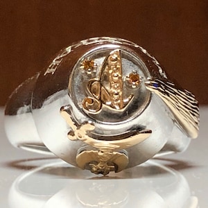 Mason Shrine scimitar crescent Sterling "AL MALAIKAH" Silver Gold Vermeil accents & two 2 yellow color stones Fez Ring Masonic Shriner ring