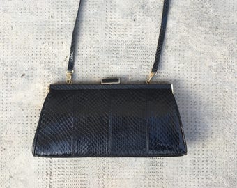 Black Python Clutch with Strap and Gold Hardware Details