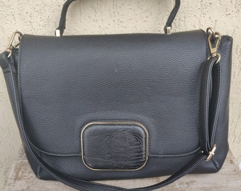90s Cuir Imprimé Structuré Top Handle Bag Crossbody BAg Office Bag Shiny Blak Genuine Leather Purse