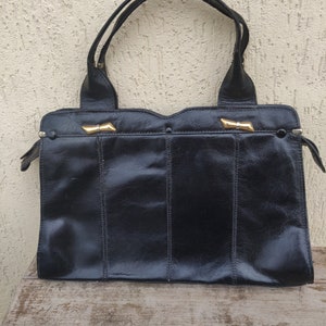 70s Shiny Blak Genuine Leather Top Handle Bag with Metal Deco Classic Purse True Original Vintage Made in Italy