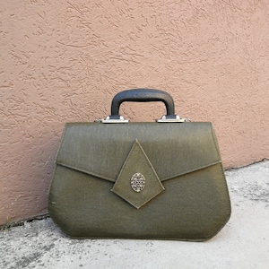 Military Green Grainy Vintage Structured Top Handle Bag- Made in Italy