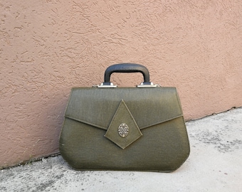 Military Green Grainy Vintage Structured Top Handle Bag- Made in Italy