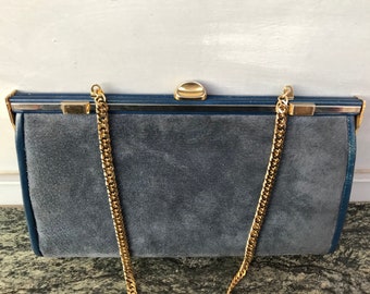 OVER SIZED NAVY BLUE faux suede asymmetrical clutch bag lined BN .UK made 