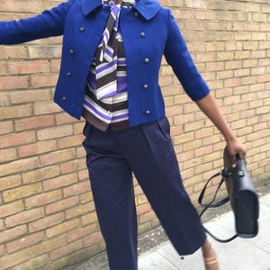 Blue woolen double breasted jacket with 3/4 sleeves