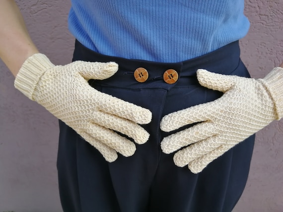 Beige Knitted Crochet Gloves Vintage - image 1
