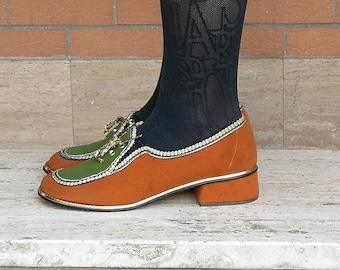 Vintage Felt Loafer Shoes in Orange and Green-Made in Italy