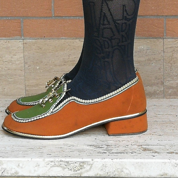 Vintage Felt Loafer Shoes in Orange and Green-Made in Italy