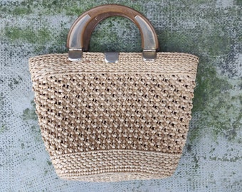 Bolso vintage de rafia maciza con asa superior de los años setenta
