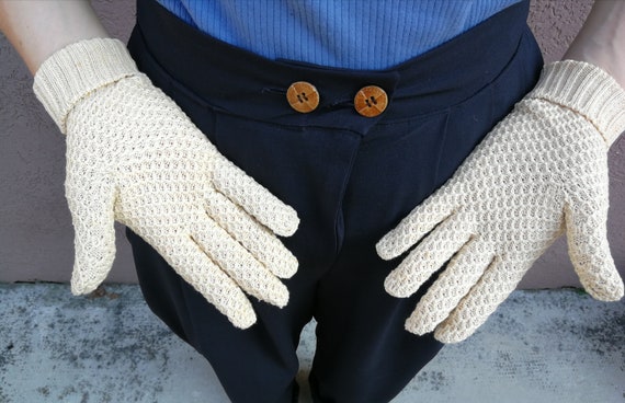 Beige Knitted Crochet Gloves Vintage - image 2