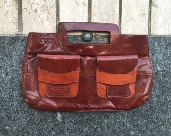 Vintage Burgundy Bag with Contrasting Orange Pockets From Malusardi-Made in Italy