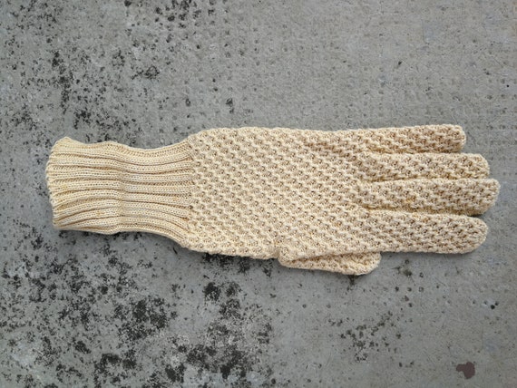 Beige Knitted Crochet Gloves Vintage - image 9