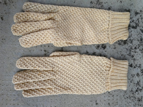 Beige Knitted Crochet Gloves Vintage - image 4