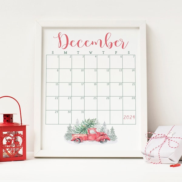 December 2024 Calendar Printable, Festive Holiday Monthly Planner Print, Christmas Tree Truck Artwork, Seasonal Winter Office Decor
