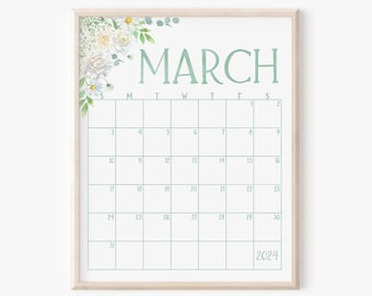 March 2024 Calendar Printable, Instant Download Springtime Floral Monthly Planner, Spring Office Decor, Seasonal Decorative Calendar Art