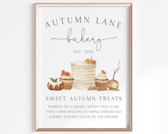 Autumn Bakery Printable Wall Art, Fall Dessert Stand Sign, Thanksgiving Dining Room Décor, Cozy Seasonal Artwork, Nostalgic Autumnal Print