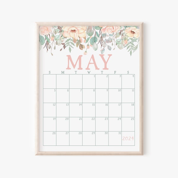 May 2024 Calendar Printable, Instant Download Boho Floral Planner, Seasonal Office Decor, Decorative Fridge Calendar, Monthly Organizer