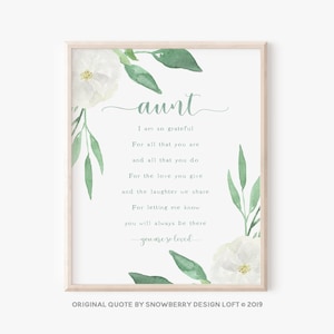 Download immediato di citazione stampabile per la zia, regalo per la festa della mamma, alternativa al biglietto d'auguri, stampa di una poesia ricordo, citazione originale © 2019 Snowberry Design Loft