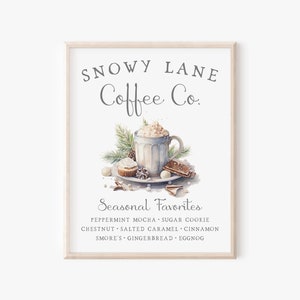Imprimível de cafeteria de inverno, arte de parede natalina aconchegante, decoração de feriado excêntrica, casa de fazenda sazonal nostálgica, placa de bar de sobremesas de inverno