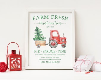 Farm Fresh Christmas Trees Printable, Nostalgic Holiday Print, Seasonal Farmhouse Wall Art, Vintage Tractor Artwork, Winter Mantle Decor