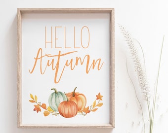 Hello Autumn Printable: Fall Pumpkins and Leaves Fall Artwork (Digital Download)