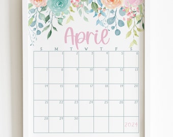 April 2024 Calendar Printable, Springtime Pastel Floral Monthly Planner, Spring Office Desk Decor, Seasonal Decorative Calendar Art