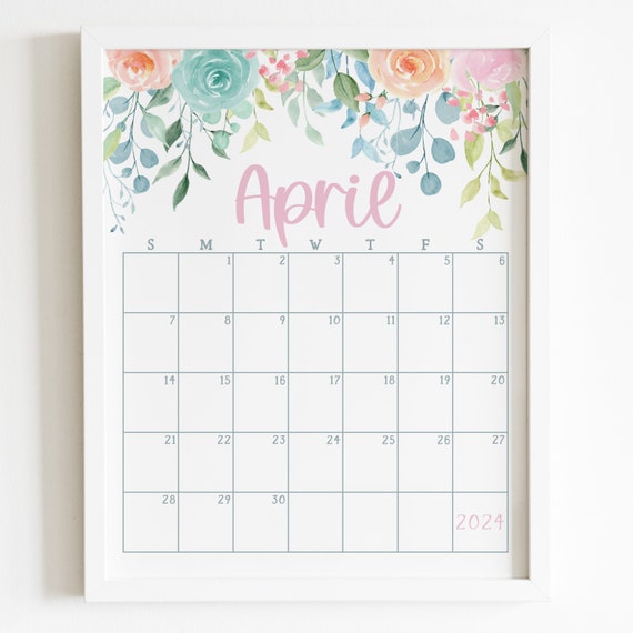 April 2024 Calendar Printable, Springtime Pastel Floral Monthly Planner, Spring Office Desk Decor, Seasonal Decorative Calendar Art - Etsy