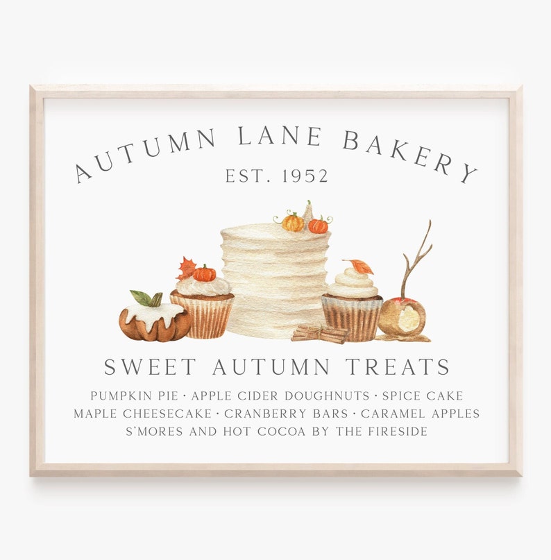 Fall Printable Wall Art, Vintage Autumn Bakery Sign, Fall Farmhouse Print, Thanksgiving Dessert Stand Decor, Seasonal Mantle Display image 1