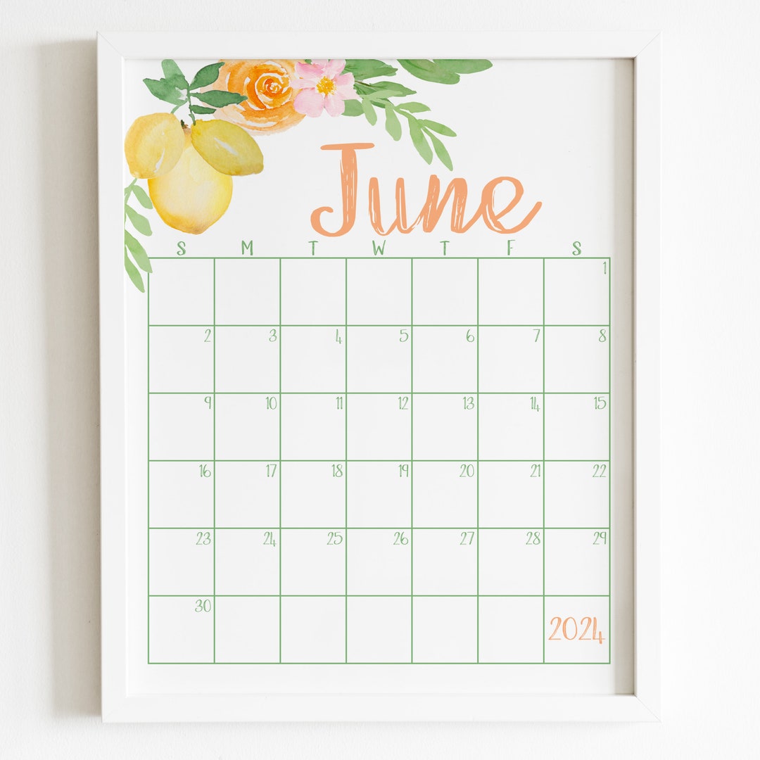 June 2024 Lemon Calendar Printable, Instant Download Monthly Planner