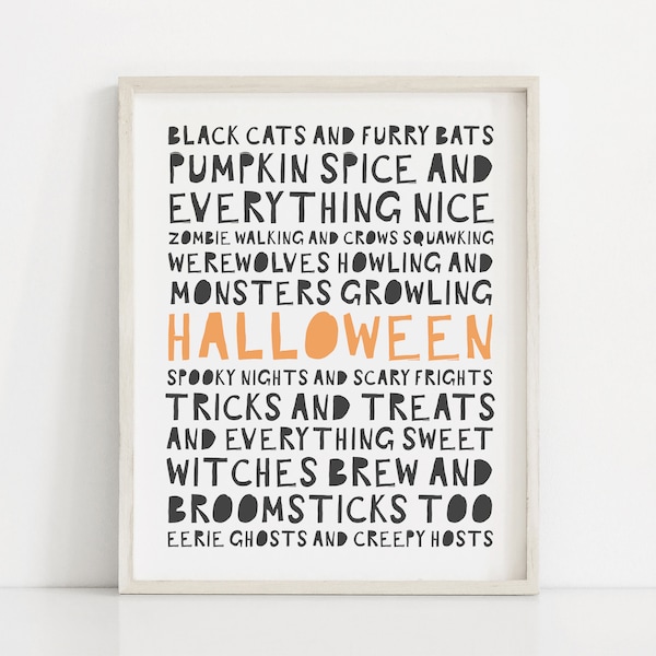 Halloween Printable Wall Art, Cute October Decor, Scary Kids Party Poster, Halloween Favorites Subway Art, Spooky Rhyme, Seasonal Artwork