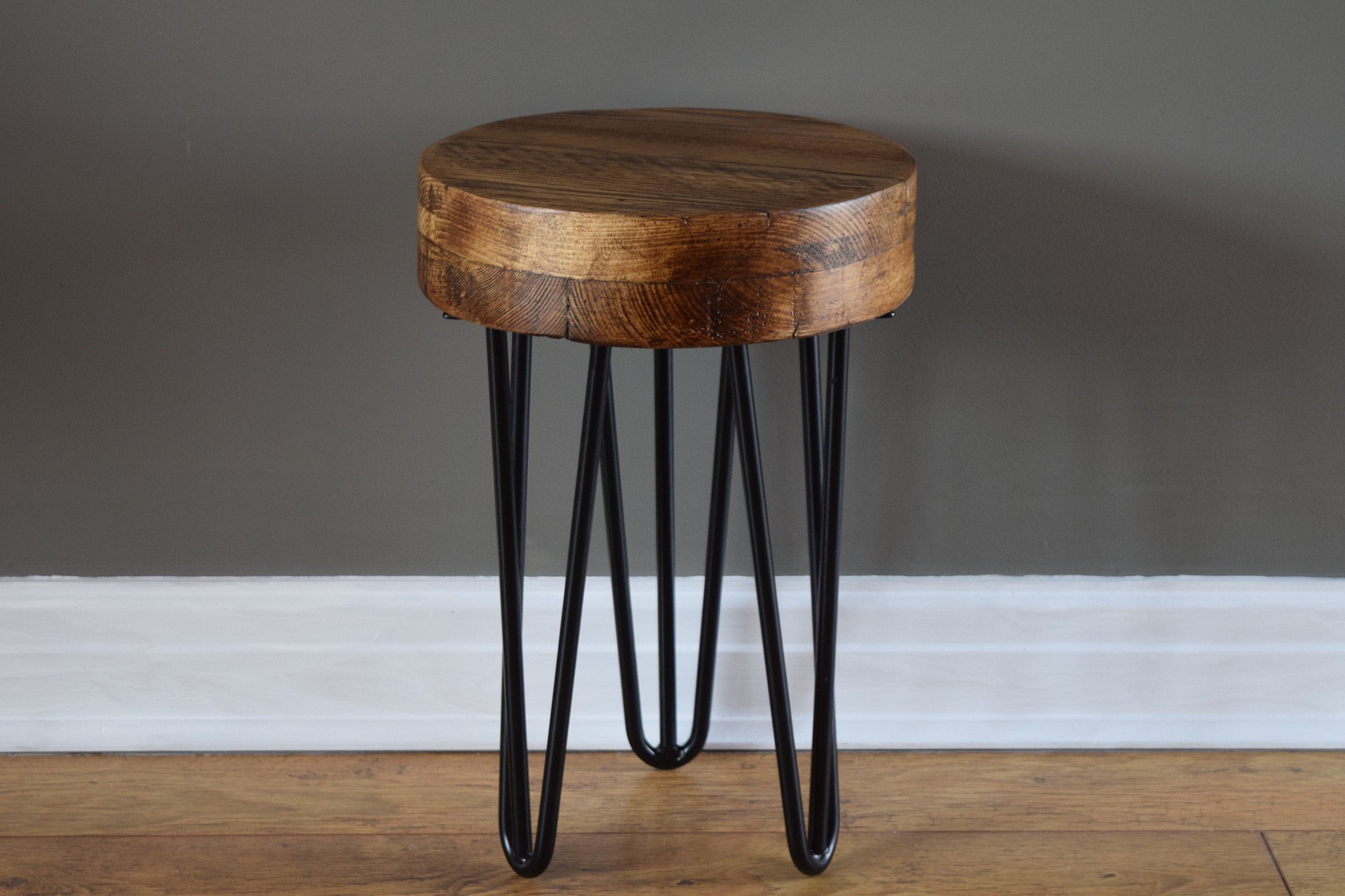 Round Reclaimed Wooden Side Table in Light Oak Finish. Various Etsy UK