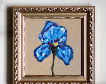 Irises Oil Painting: Vintage Floral Still Life, 6x6 IN Original Art