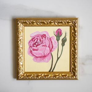 Pintura al óleo de flores rosas rosadas de 6 x 6 pulgadas, naturaleza muerta, original, 15 x 15 cm, galería de cocina, obra de arte para pared, decoración de sala de estar de granja