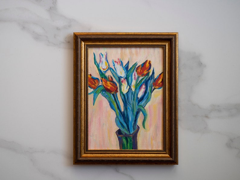 7x9,5 IN Oil painting original inspiration from Vase of Tulips french impressionist Claude Monet art, french flowers oil art interior decor image 8