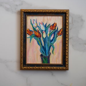 7x9,5 IN Oil painting original inspiration from Vase of Tulips french impressionist Claude Monet art, french flowers oil art interior decor image 5
