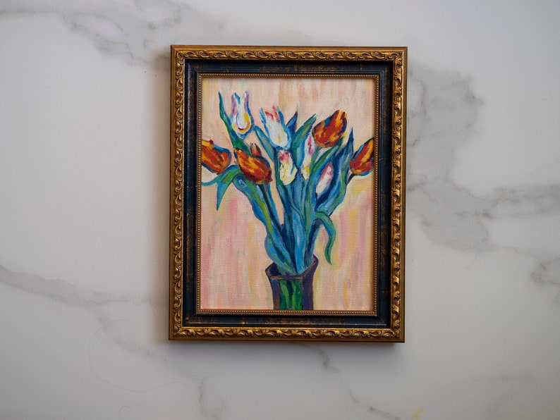 7x9,5 IN Oil painting original inspiration from Vase of Tulips french impressionist Claude Monet art, french flowers oil art interior decor image 5